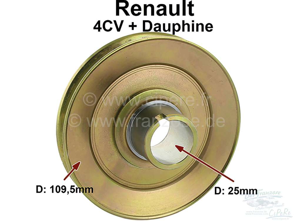 Renault - poulie de courroie, Renault 4CV, Dauphine 1er modèle, diam. ext. 109,5mm, int. 25,0mm