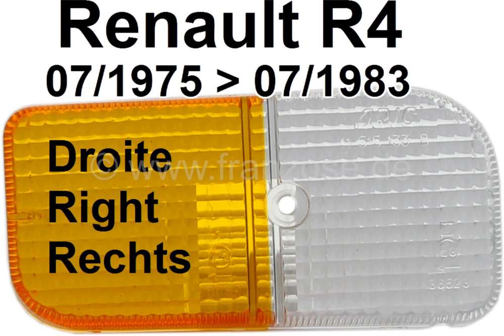 Renault - clignotant, Renault 4L de 07.1975 à 07.1983, cabochon clignotant avant droit seul, blanc-