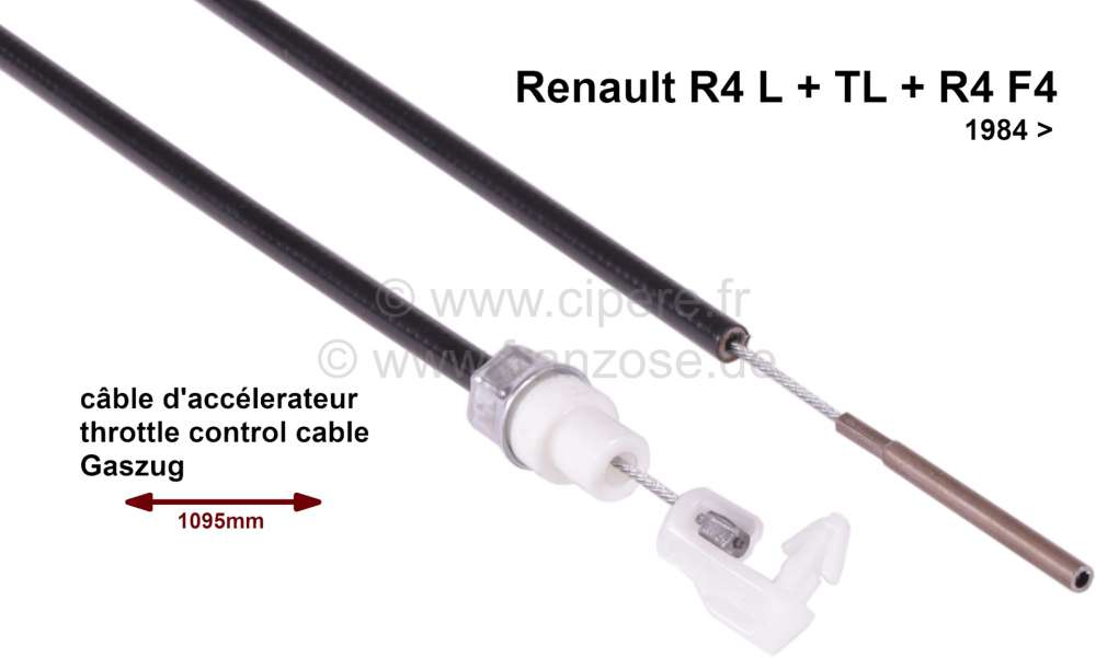 câble d'accélérateur, Renault 4L L, TL et R4F4 à partir 1984, longueur  1095/685