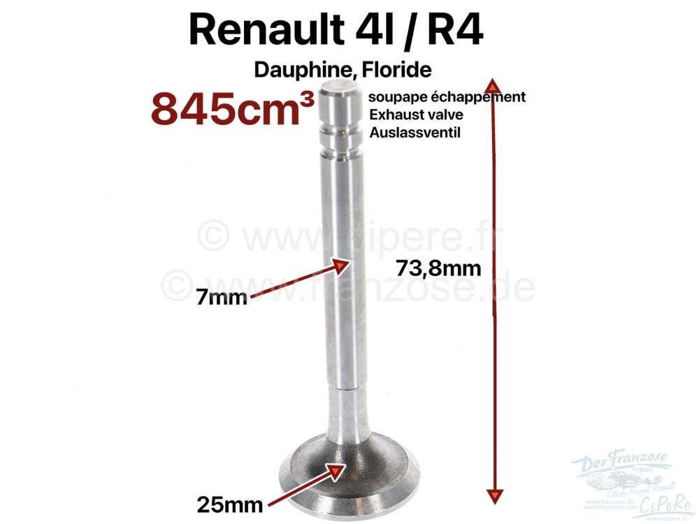 Renault - soupape échappement, Renault 4L, Dauphine, Floride, 845cm³, diamètre 25mm, longueur 73,