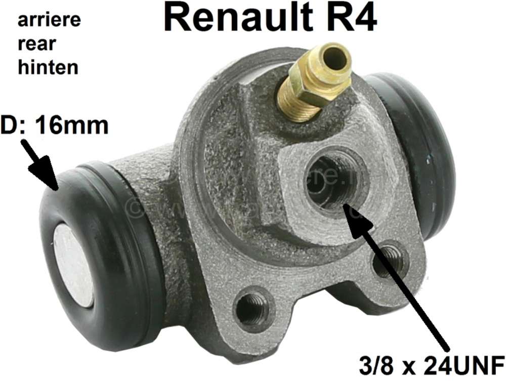 Renault - cylindre de roue, Renault 4L, arrière, piston 16mm, fixation à la flasque 32mm, raccord 