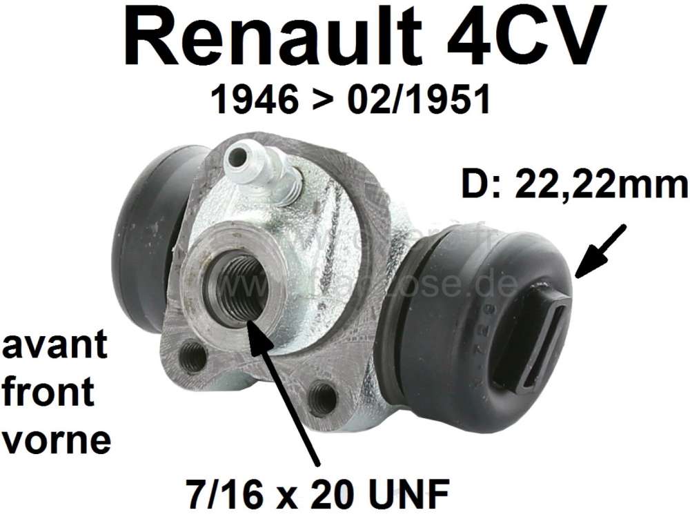 Renault - cylindre de roue, Renault 4CV de 1946 à 02.1951, freins avant, diamètre piston 22 mm, ra