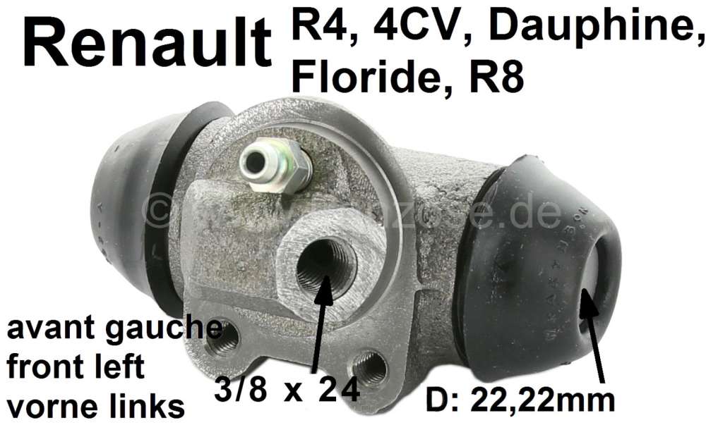 cylindre de roue, Renault 4L années 60, 4CV, Dauphine, Floride, R8, frein  avant gauche, diamètre piston 22,2 mm, racco