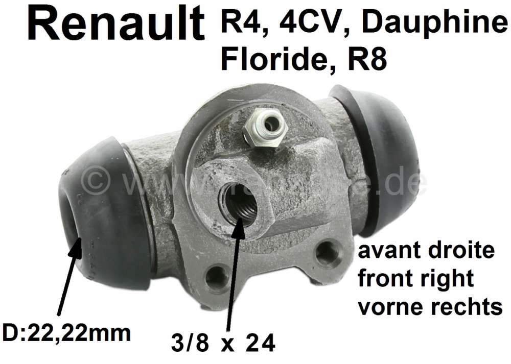 Alle - cylindre de roue, Renault 4L années 60, 4CV, Dauphine, Floride, R8, frein avant droit, di