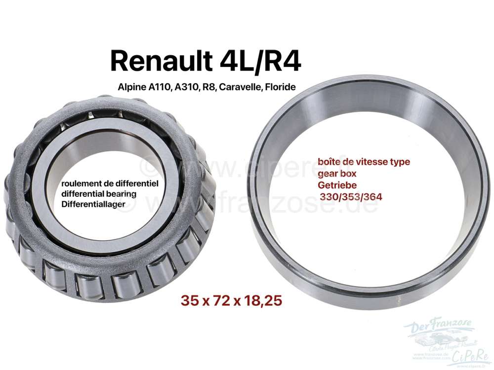 Renault - roulement de différentiel, Renault 4L, diamètre ext. 72mm, diam. int. 35mm, hauteur 18,5