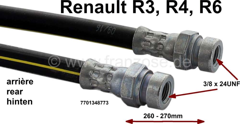 Renault - flexible de frein arrière, Renault R3, 4L, R6 après 1960, longueur 270 - 280mm, 2 raccor