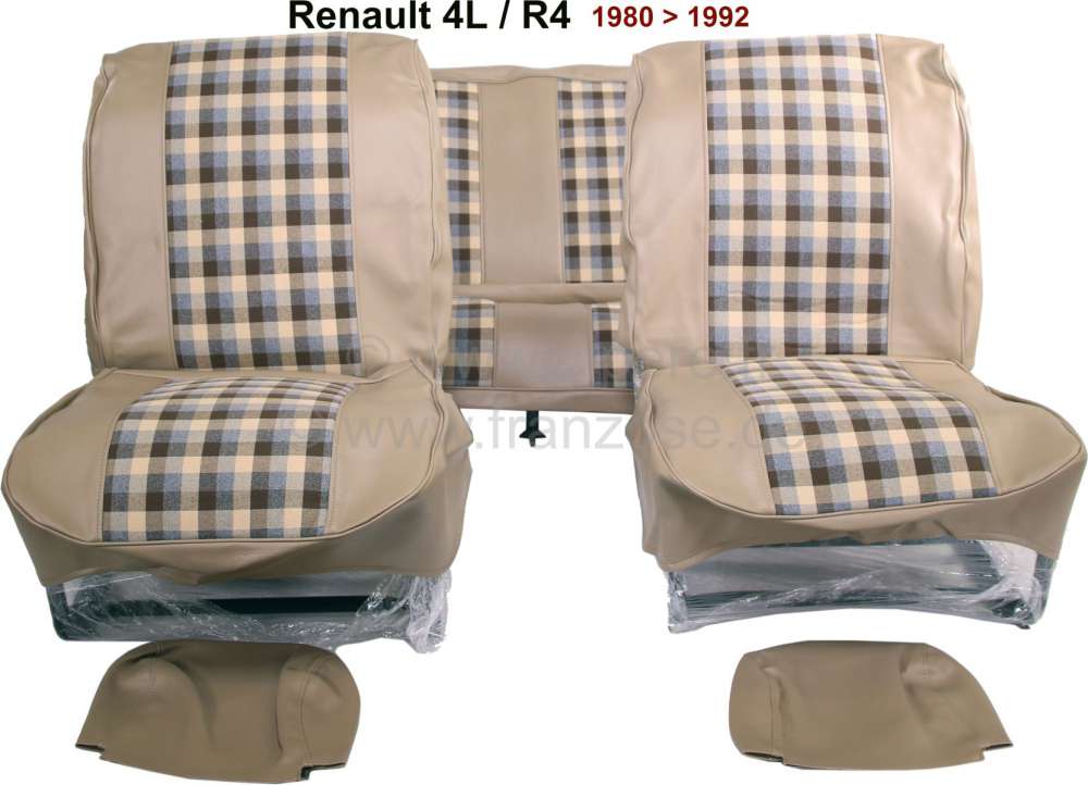 Ensemble de housses de siège avant et banquette arrière pour Renault 4  (01/1978-12/1992) - skaï beige-tissus écossais beige et marron - RT20034 