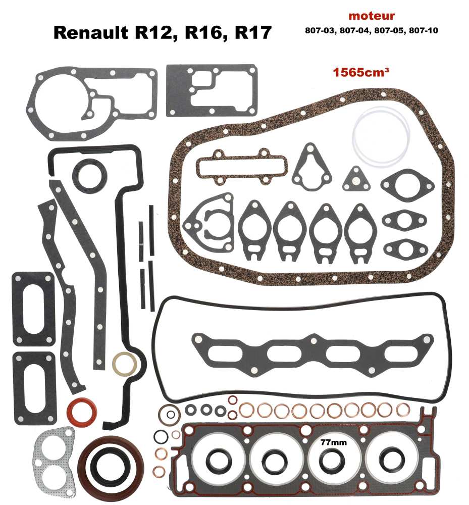 Renault - pochette moteur, Renault R12, R16, R17, alésage 77mm 1565cm³. Moteur: 807 03, 807 04, 80