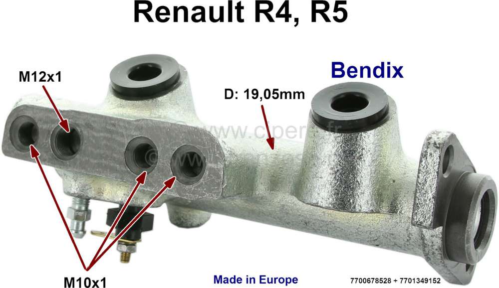 Renault - maître-cylindre, Renault 4L jusque n° de série 461100 et fourgonnette, freins à disque