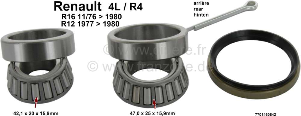 Renault - roulement de roue arrière, Renault 4L, R5, R6, R8, R12 de 1977 à 1980, R16 toutes de 11.