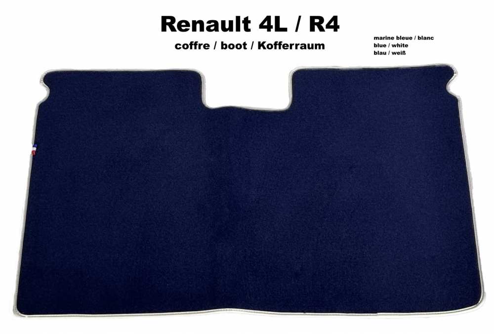 Renault - 4L, tapis de coffre Renault 4L. Velours marine bleue, bordé de blanc. Assorti à notre je