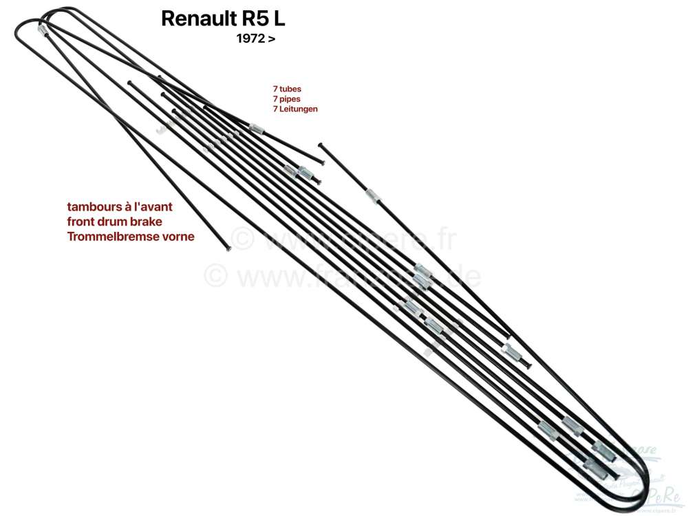 Sonstige-Citroen - tubes de freins, Renault R5L après 1972, tambours à l'avant, 7 tubes tous collets type 