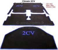 Citroen-2CV - tapis de sol, Citroën 2cv, moquette velours noir borduré bleu, avant + arrière + coffre