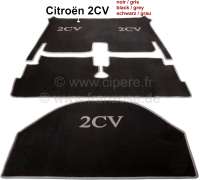 Citroen-2CV - tapis de sol, Citroën 2cv, moquette velours noir borduré gris, avant + arrière + coffre