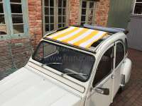Renault - voile d'ombrage, Citroën 2CV, tendelet ombrette à rayures jaune et blanc. Soleil et chal