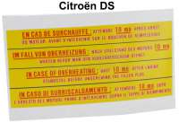 Alle - autocollant du radiateur, Citroën DS, adhesif avec les instruction en cas de surchauffe