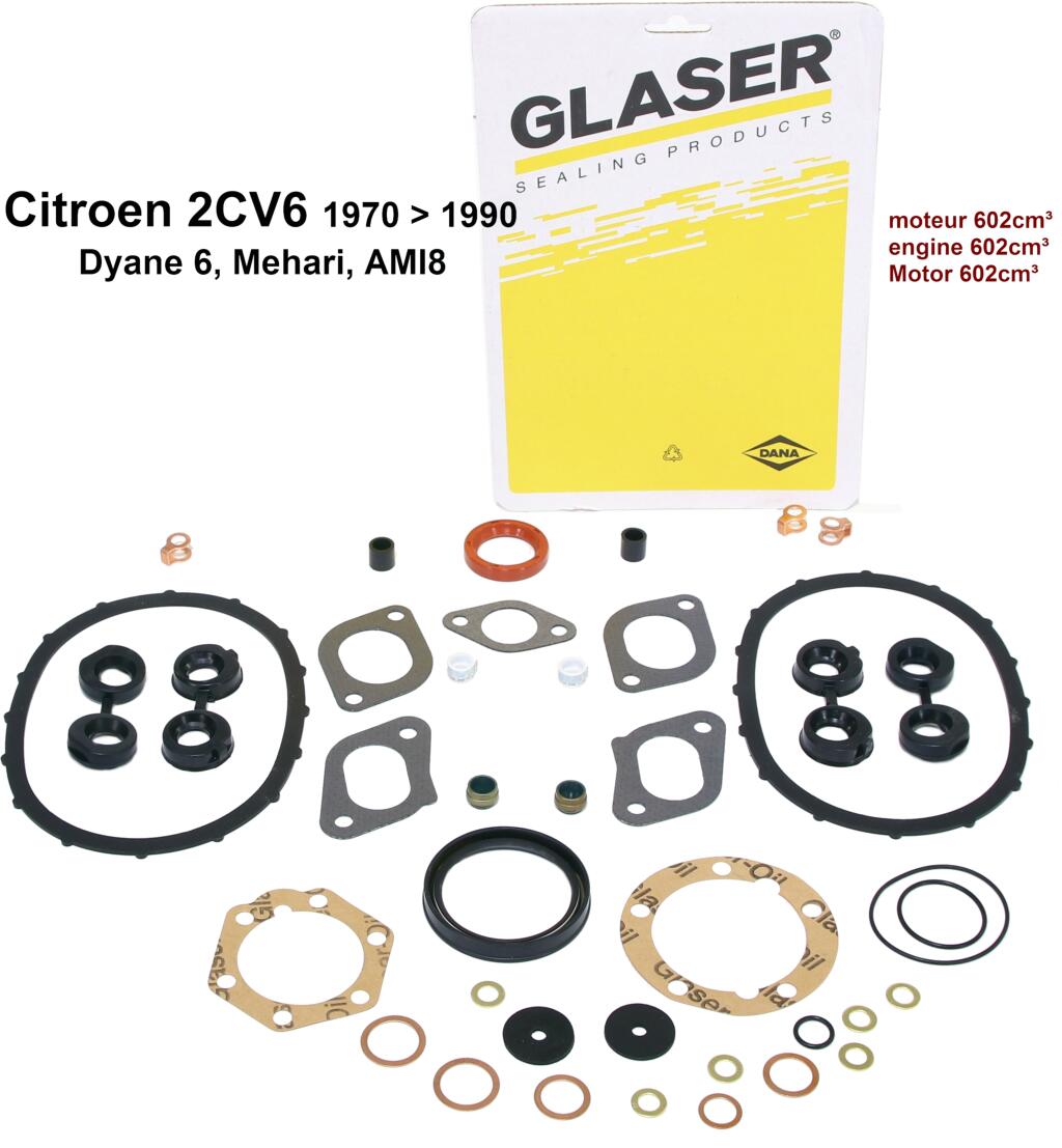 2CV6, 602ccm, Motordichtsatz incl. Simmerringe und Ventilschaftringe. Passend für Citroen 2CV6 von Baujahr 1970 bis 1990. Erstausstatterqualität!