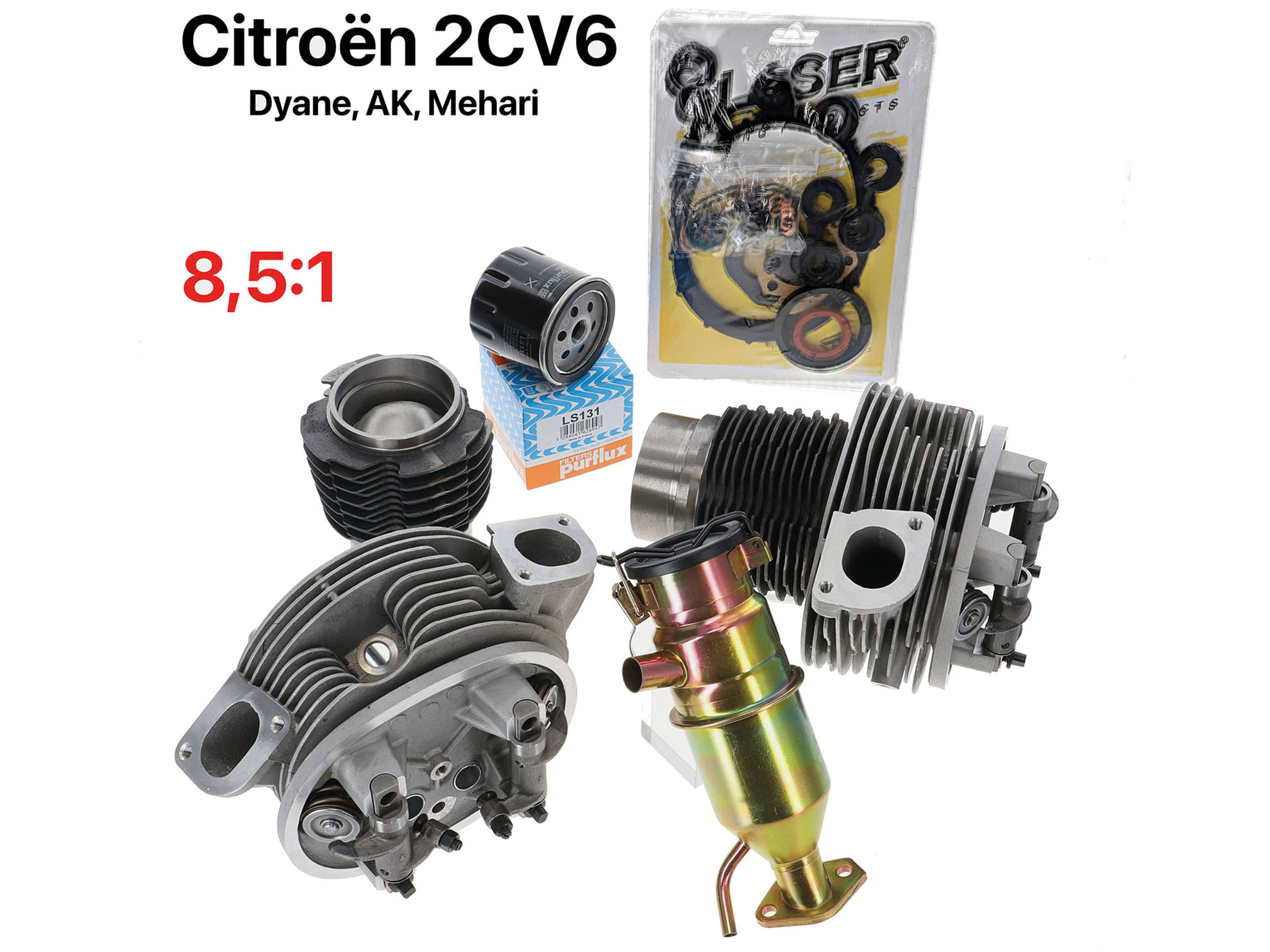 Motor Reparatursatz (nur Neuteile). Passend für Citroen 2CV6, Dyane6, Mehari. Bestehend aus 2x Kolben + Zylinder mit Verdichtung 8,5:1