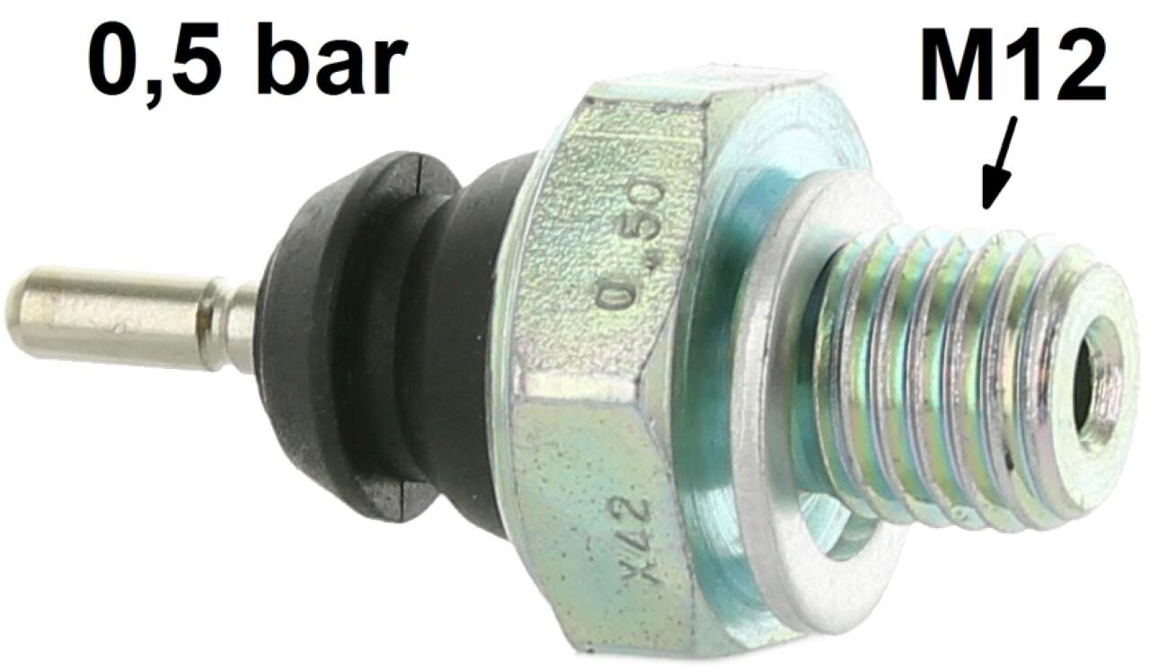 Öldruckschalter für Citroen 2CV6, verbaut ab Baujahr 1965. Schaltdruck 0,50 Bar. Gewinde M12 x 1,50. Elektrischer Anschluß: Rundstecker 4mm.