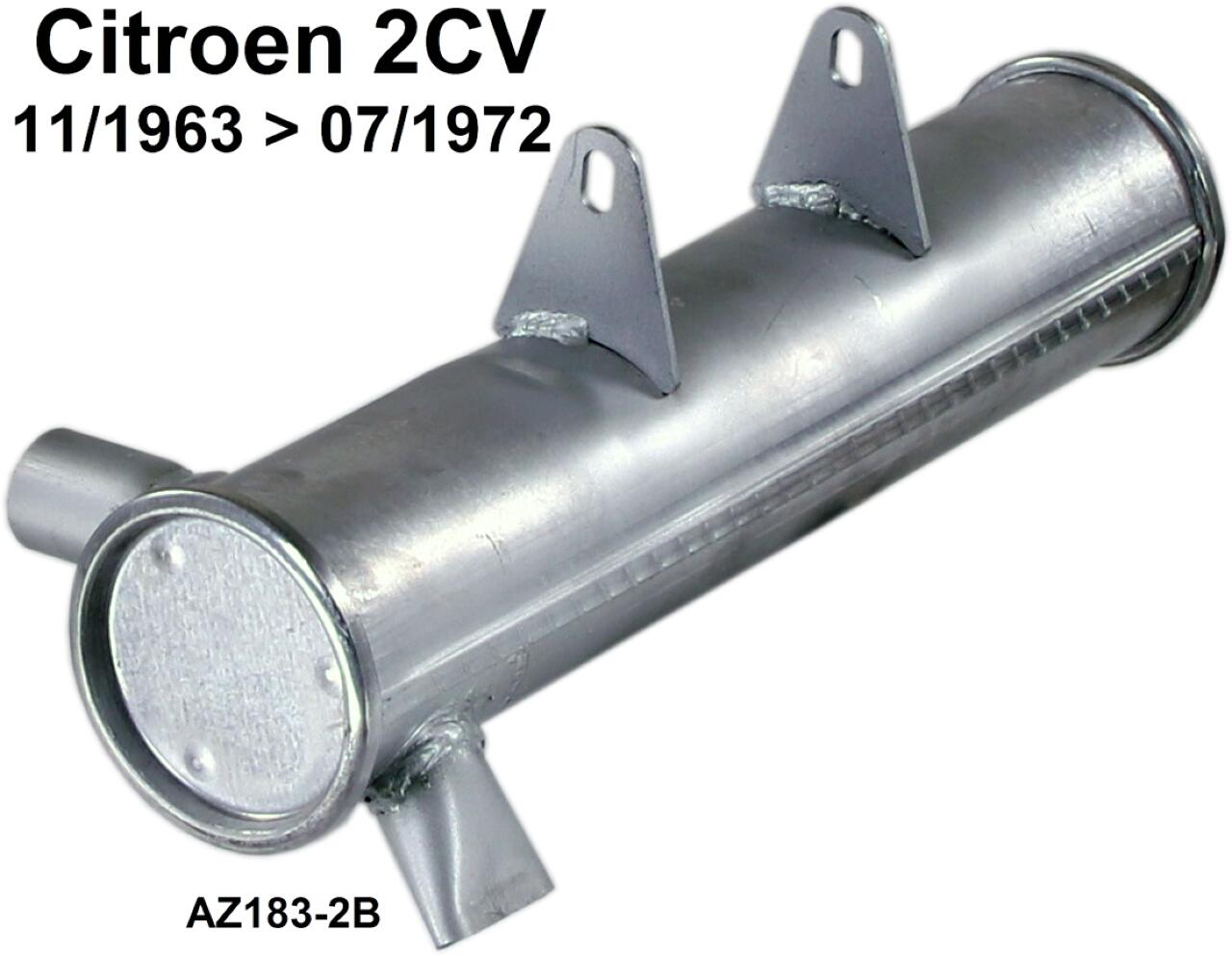 2CV alt, Nachschalldämpfer für Citroen 2CV, ab Baujahr 11/1963 bis 07/1972. Runder Eingang, abgeflachter Ausgang