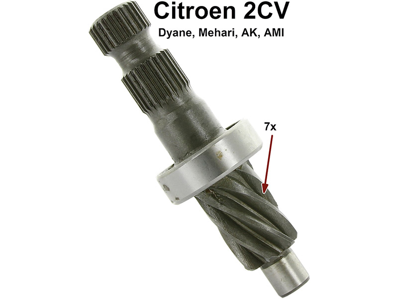 Lenkritzel 7 Zähne, incl. Lager, für Citroen 2CV. Die Verzahnung (Schnecke) ist durchgehend bis zu dem Lager. Passende Buchse = 12233.