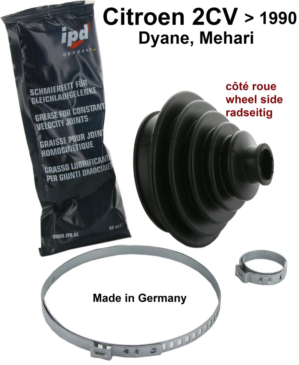 Antriebswellenmanschette radseitig, mit Einbausatz (Schellen + Fett). Passend für Citroen 2CV6 + 2CV4