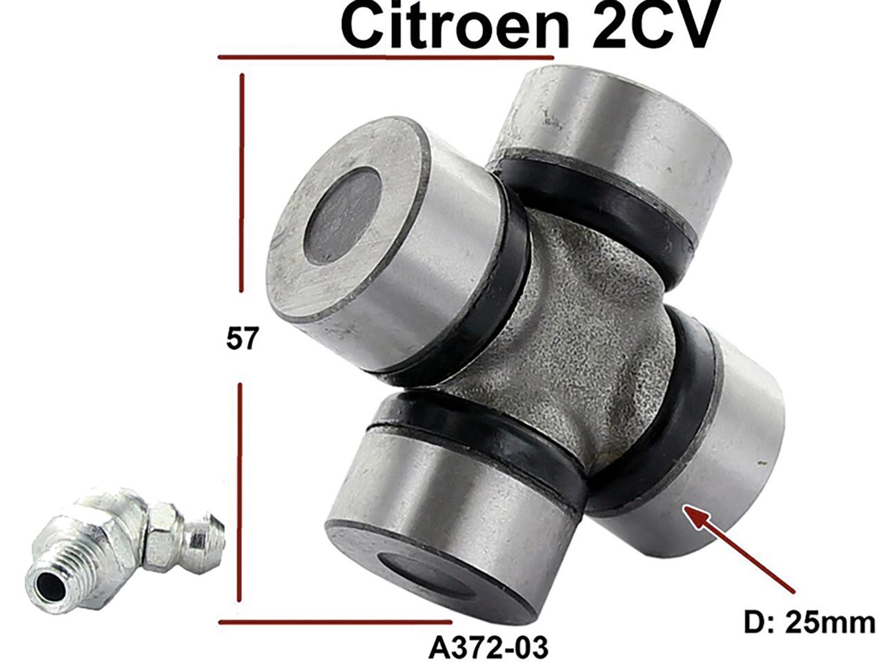 Kreuzgelenk für die Antriebswelle, passend für Citroen 2CV aus den fünfziger + sechziger Jahren. Nachbau. 25mm Durchmesser, 57mm lang