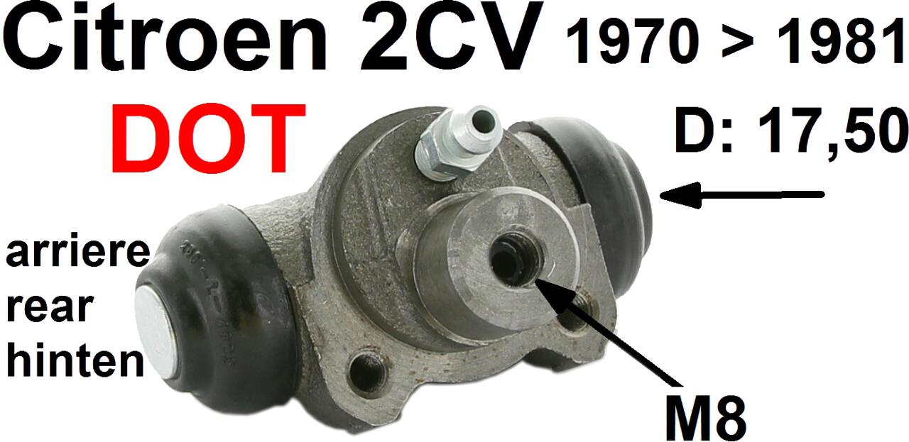 Radbremszylinder hinten, Bremssystem DOT. Passend für 2CV4 + 2CV6, von Baujahr 11/1970 bis 08/1981 (für Fahrzeuge mit Trommelbremse vorne)