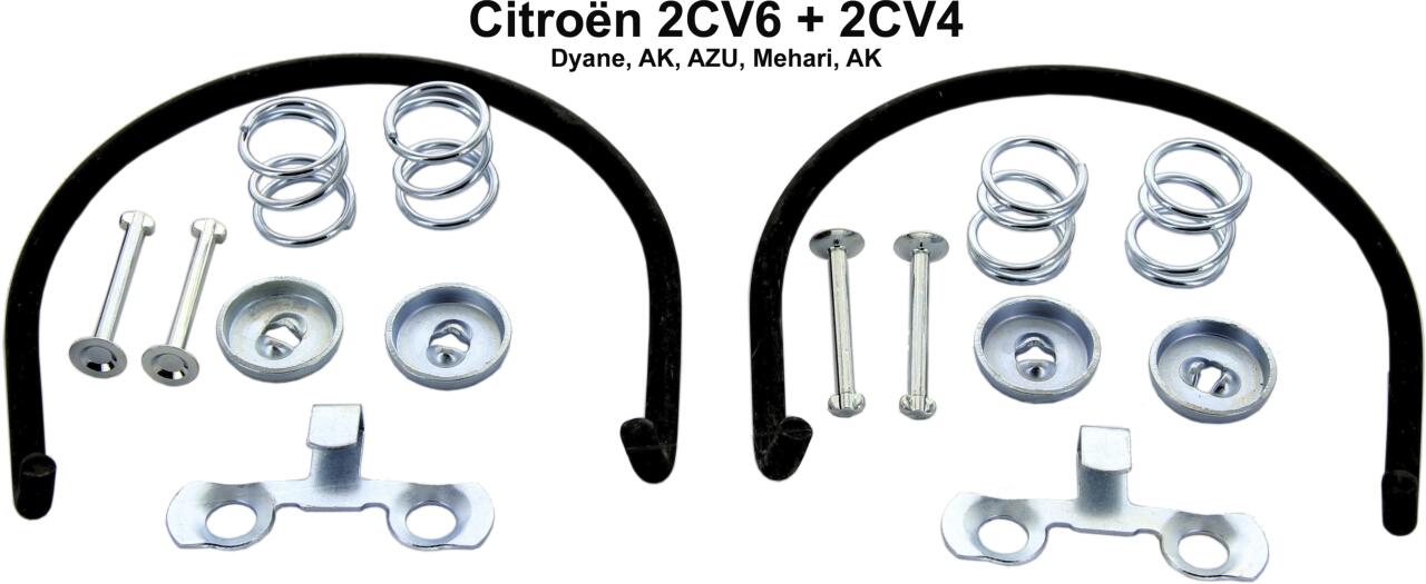 Bremsbacken Montagesatz hinten, passend für Citroen 2CV. Lieferumfang: 4x Haltestift mit Feder + Teller, 2x Sicherungsblech Excenter
