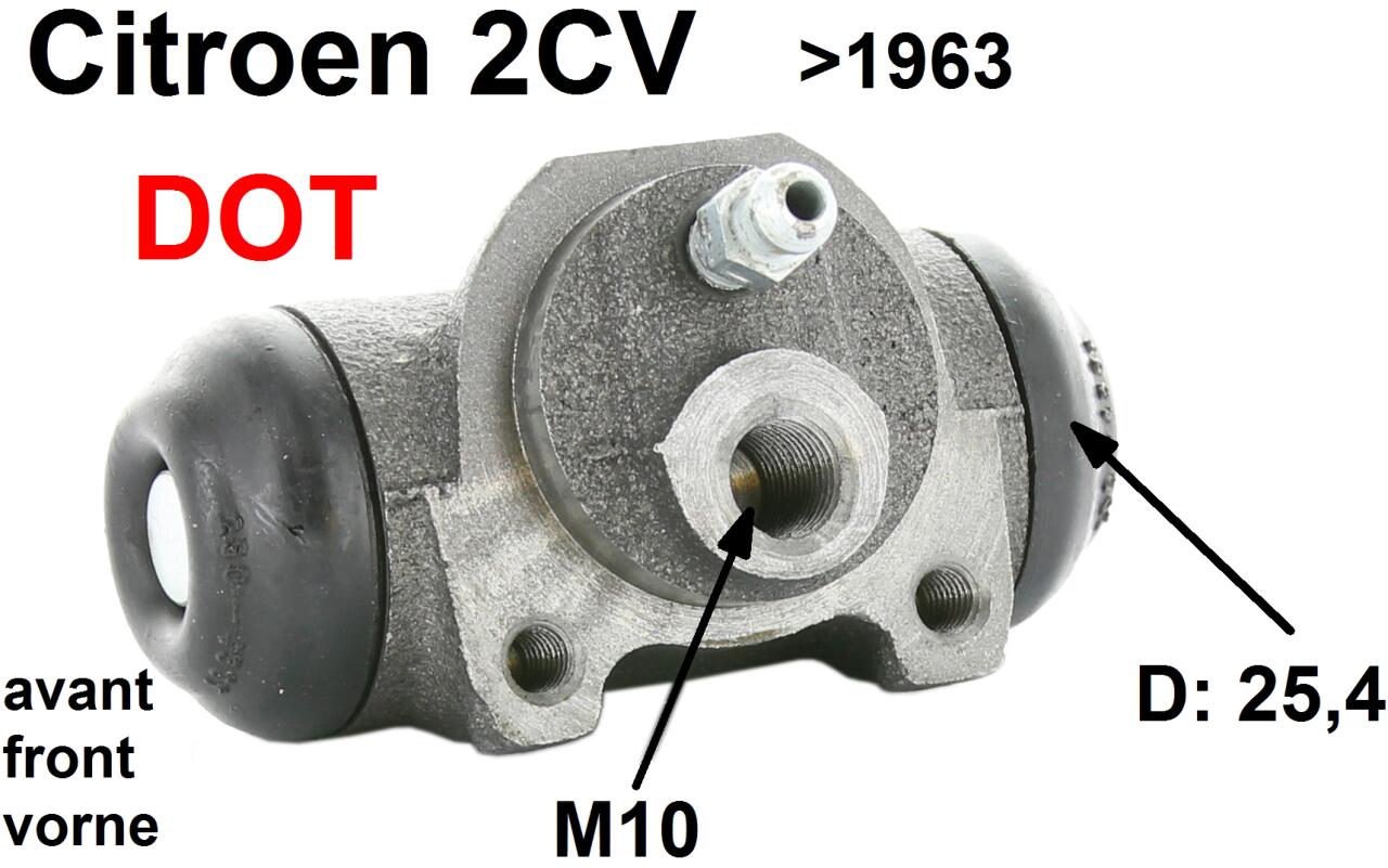 Radbremszylinder vorne, Bremssystem DOT. Passend für Citroen 2CV, bis Baujahr 1963. Kolbendurchmesser: 25,4mm (1 Zoll). Bremsleitungsanschluß: