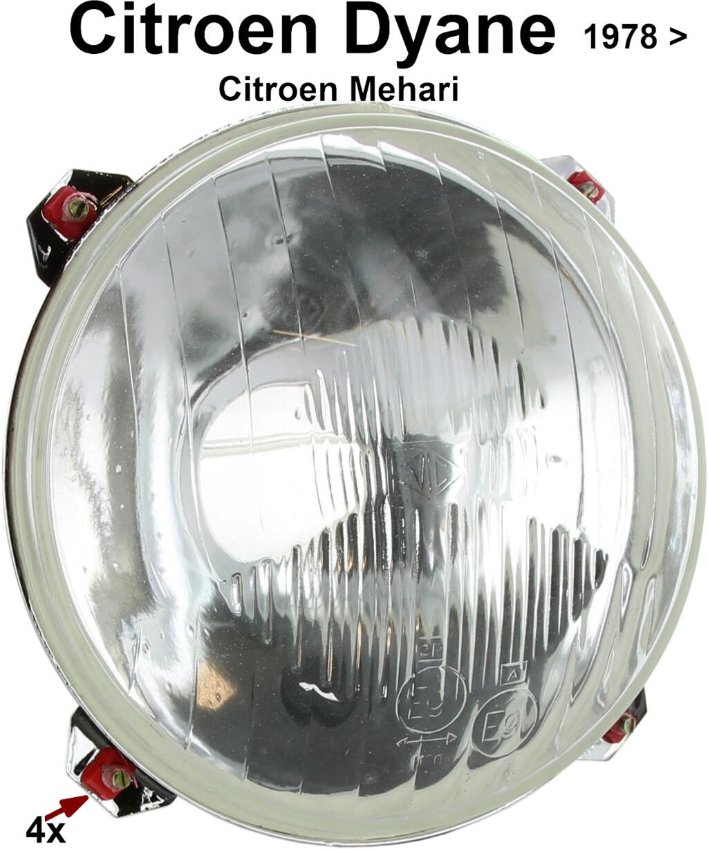 Dyane/Mehari, Scheinwerfereinsatz, passend für Dyane + Mehari. Verbaut ab Baujahr 1978. Links + rechts passend. Befestigung mit 4 Stehbolzen