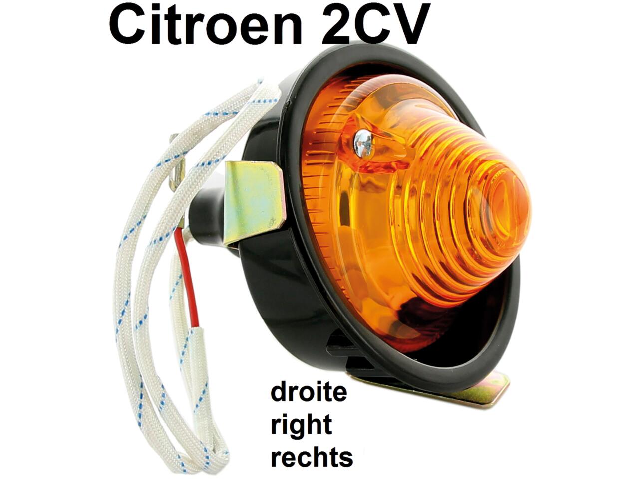 Blinker vorne rechts (Nachbau, ohne Prüfzeichen), mit Halterung für die Befestigung im Kotflügel. Passend für Citroen 2CV! Einfassung in schwarz