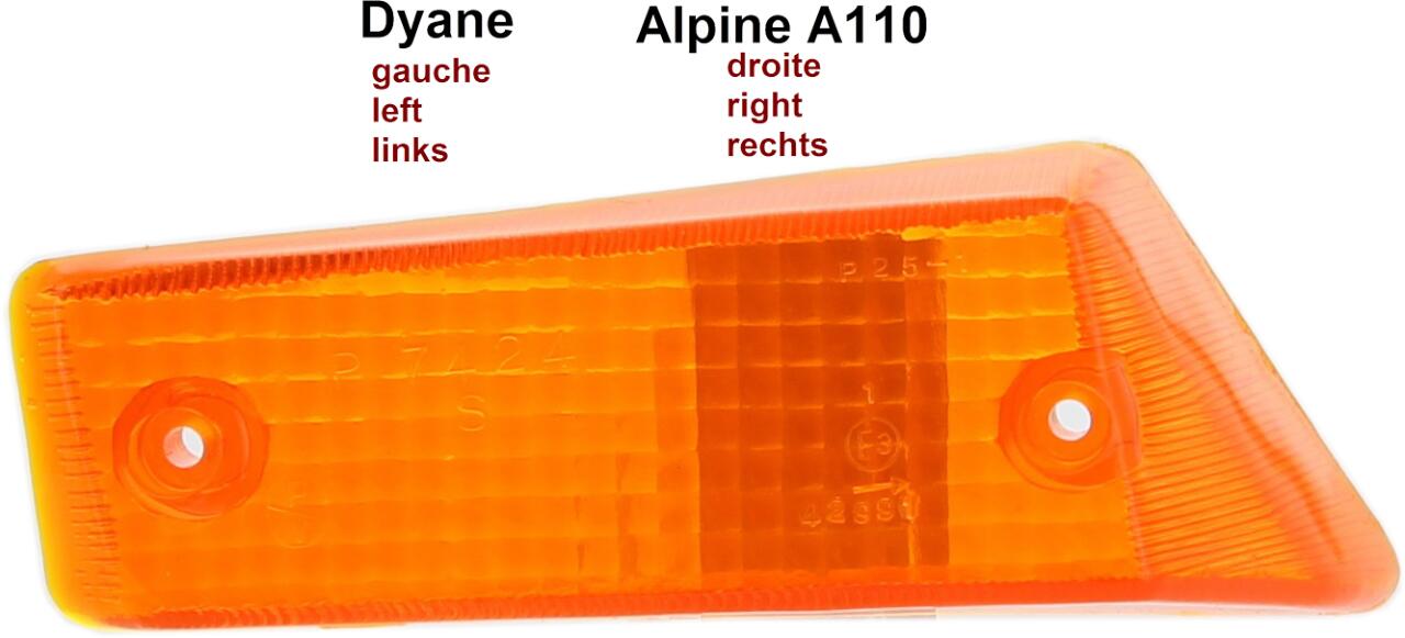 Blinkerkappe vorne links, orange. Passend für Citroen Dyane, Acadyane, Mehari. Renault Alpine 110 rechts. Für Leuchtenhersteller: Seima