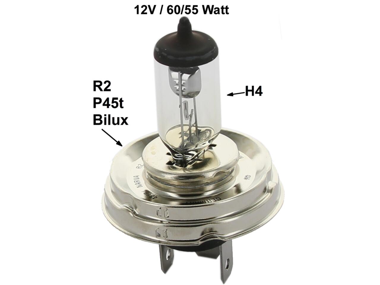 Glühlampe 12 Volt, H4 mit Biluxsockel. Damit kann der Bilux-Reflektor auf H4 umgerüstet werden!