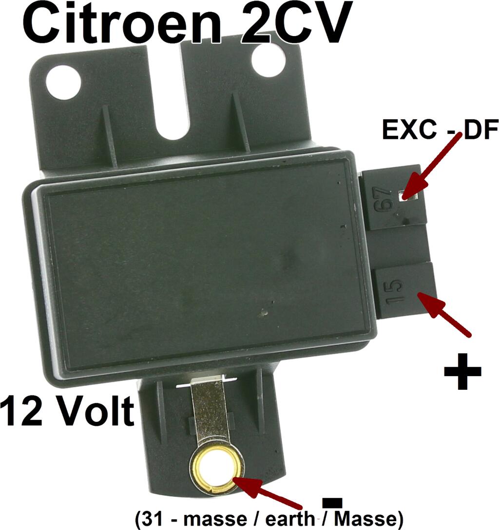 Lichtmaschinen Laderegler elektronisch, zum anschrauben. 12 Volt. Passend für Citroen 2CV (Spannungsregelung auf 15,3 Volt). Anschluß:
