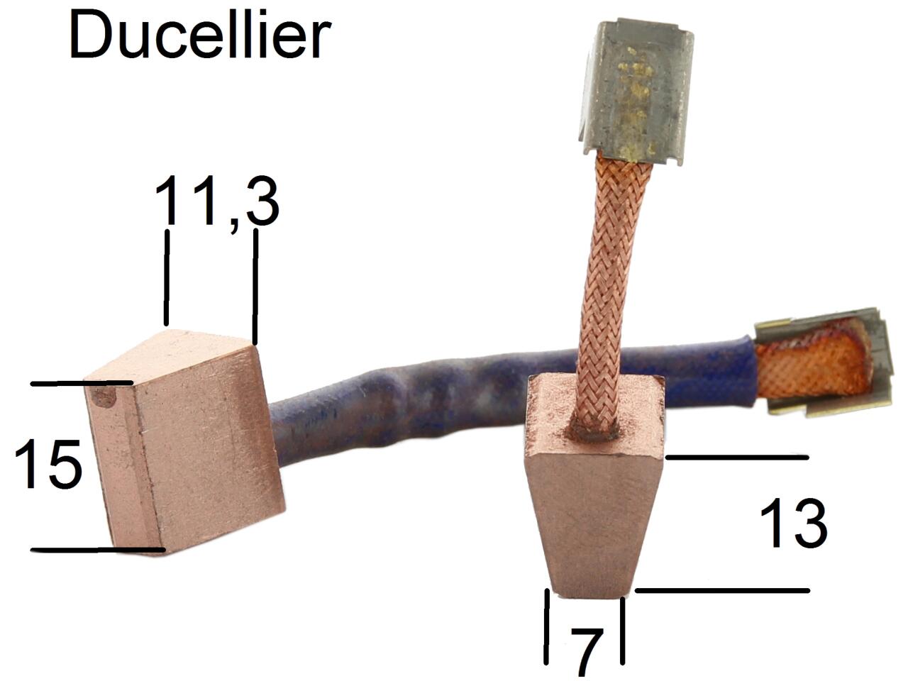 Anlasserkohlen, für Ducellier Anlasser (USX 91-92). Passend für Citroen 2CV. Trapezförmig. Höhe: 13mm. Breite: 15mm