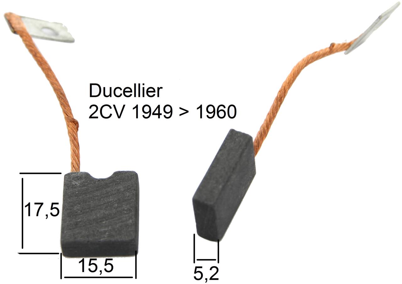 Lichtmaschinenkohlen DUCELLIER, für Citroen 2CV, von Baujahr 1949 bis 1960. Vergleichsbezeichnung UX36, Maße: 15,5 x 5,2 x 17,5mm.