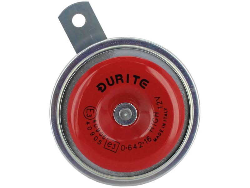 Hupe 12 Volt, hoher Ton. 430Hz, 114dB(A). Sehr hochwertige Hupe, made in der EU. Die Hupe ist von vorne in rot lackiert! Universal passend
