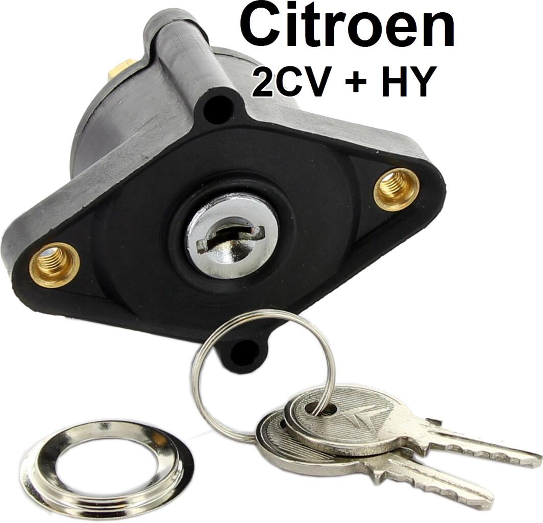 Zündschloss im Armaturenbrett. Passend für Citroen 2CV + HY. Incl. 2 Schlüssel. Das Schloss hat 2x Befestigungsgewinde M5 x 0
