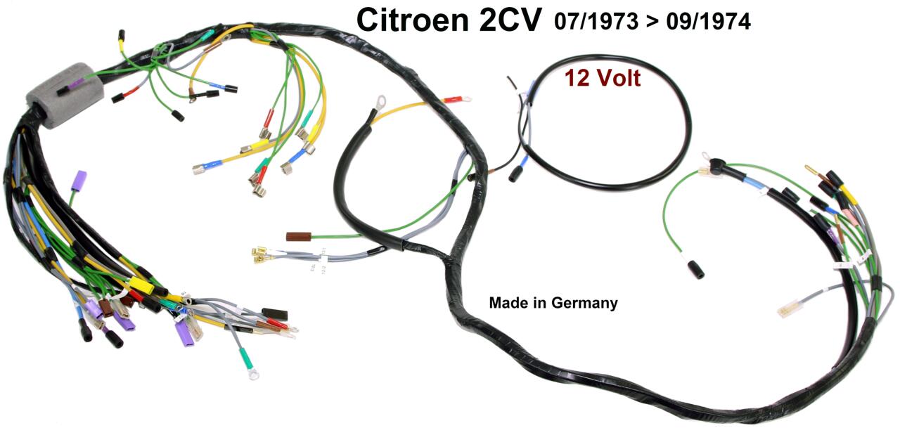 Hauptkabelbaum für Citroen 2CV. Verbaut von Baujahr 07/1973 bis 09/1974. 12 Volt Technik. Made in Germany.