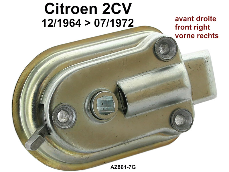 2CV alt, Türschloss vorne rechts (Verrieglung innen). Passend für Citroen 2CV, von Baujahr 12/1964 bis 7/1972. Or.Nr. AZ861-7G