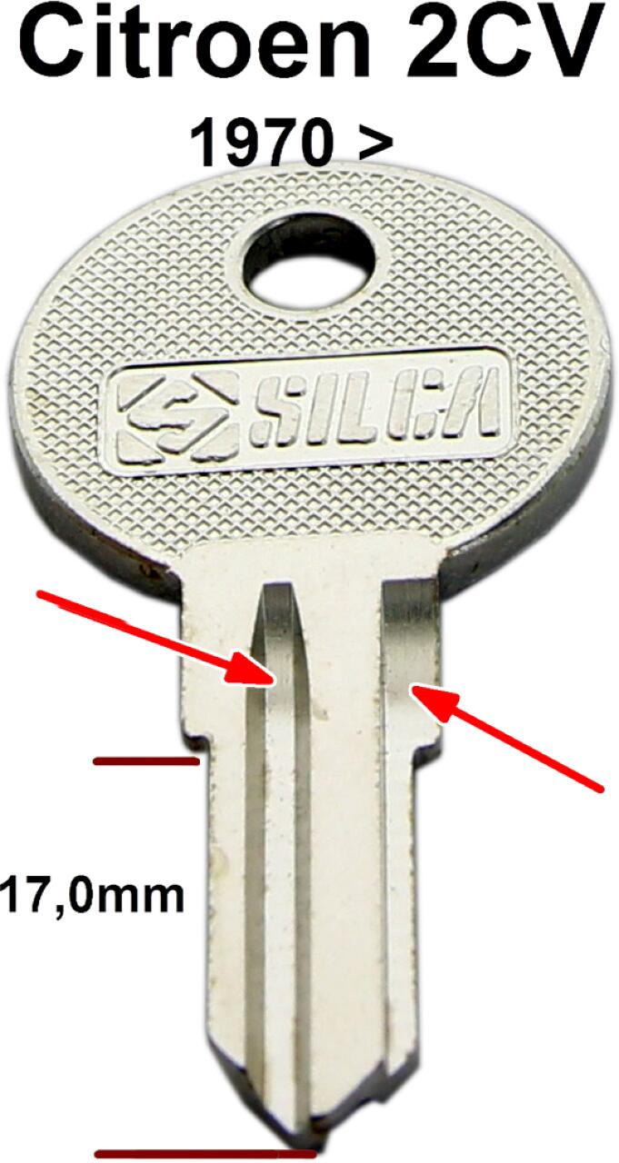 2CV, Türschloss, Schlüsselrohling, für Citroen 2CV ab Baujahr 1970. Für Schlosshersteller: KIFERM! Schaftlänge: 17,0mm. Schaftbreite: 7,0mm.