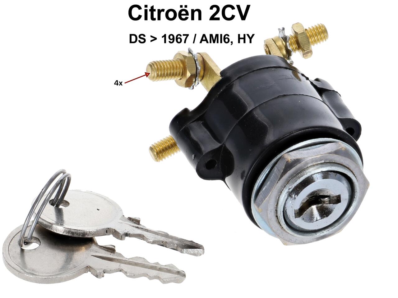 Zündschloss im Armaturenbrett, für Citroen 2CV mit Starterknopf (mit 4 Anschlüssen). Das Zündschloss passt auch bei Citroen DS bis 1967