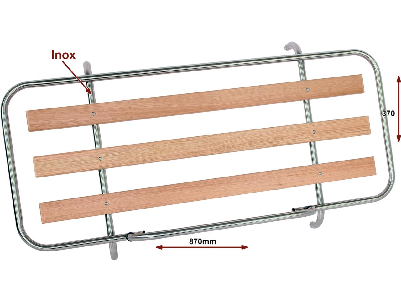 Heckgepäckträger aus polierten Edelstahl, mit Holzleisten. Abmessung: 890 x 370mm. Bohrmaß: 490 x 445mm. Für die Befestigung benötigen Sie: