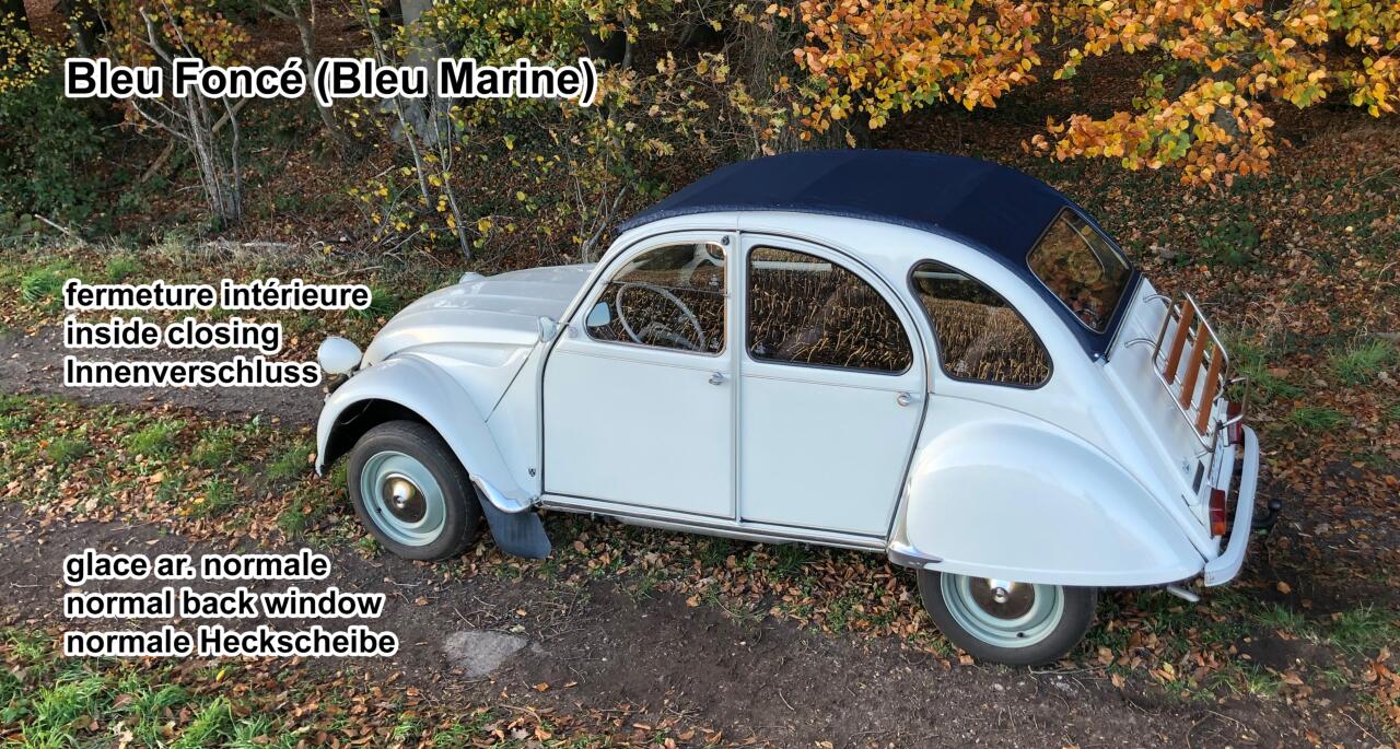 2CV, Rolldach dunkelblau, ähnlich RAL 5008 Graublau (Bleu Marine). Innenverschluss, normale Heckscheibe. Made in France