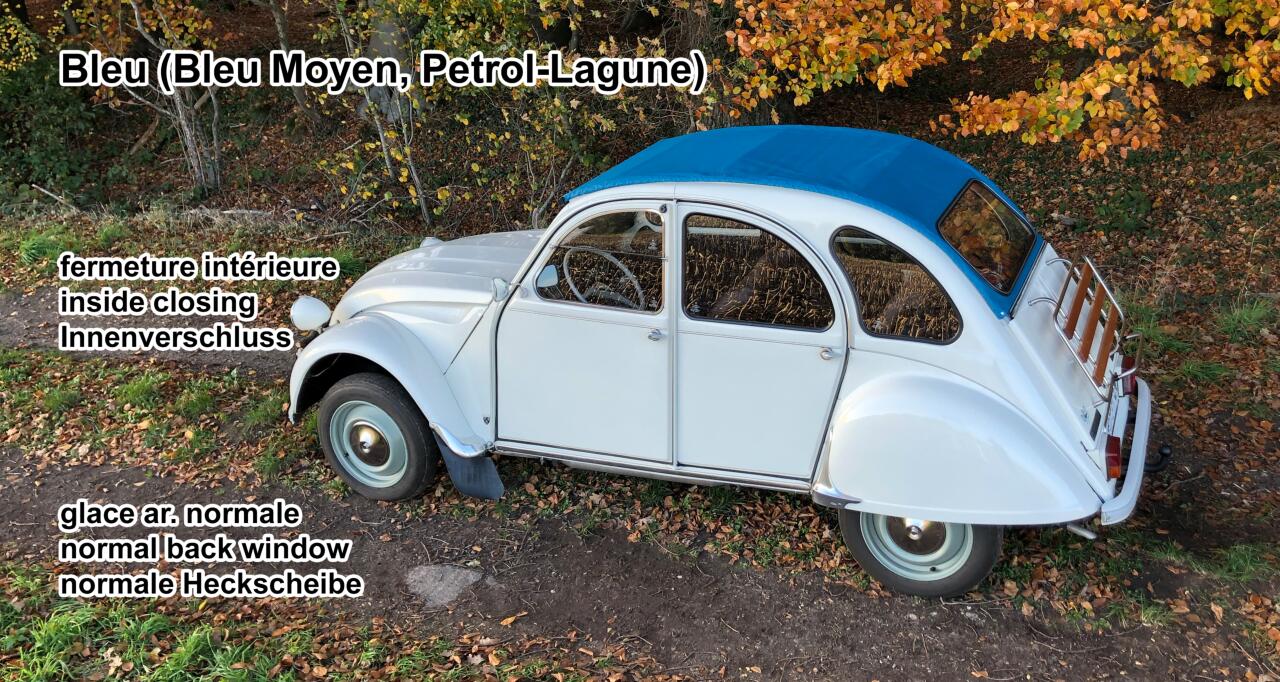 2CV, Rolldach blau (Bleu Moyen, Petrol-Lagune), Innenverschluss, normale Heckscheibe. Made in France