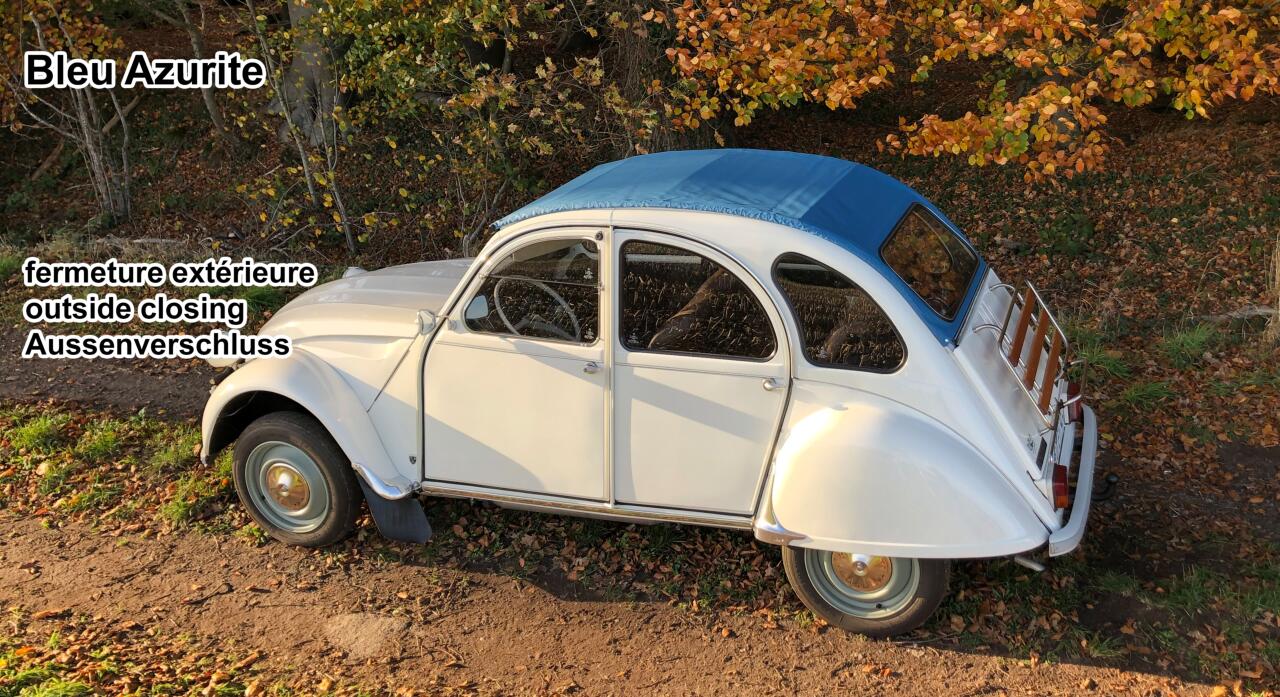 2CV alt, Rolldach blau (Bleu Azurite). Aussenverschluß, normale Heckscheibe. Made in France