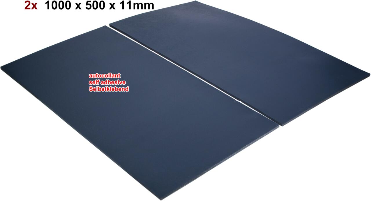 Geräuschdämmmatten selbstklebend. Farbe grau. Maße: 1000 x 500 x 11mm. Packungsinhalt: 2x Dämmmatte. Universal passend.
