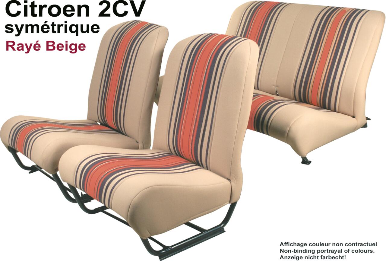 Sitzbezug 2CV6 vorne + hinten. Symetrische Rückenlehnen. Stoff (Beige Raye 1666) in den Farben beige - braun, orange gestreift