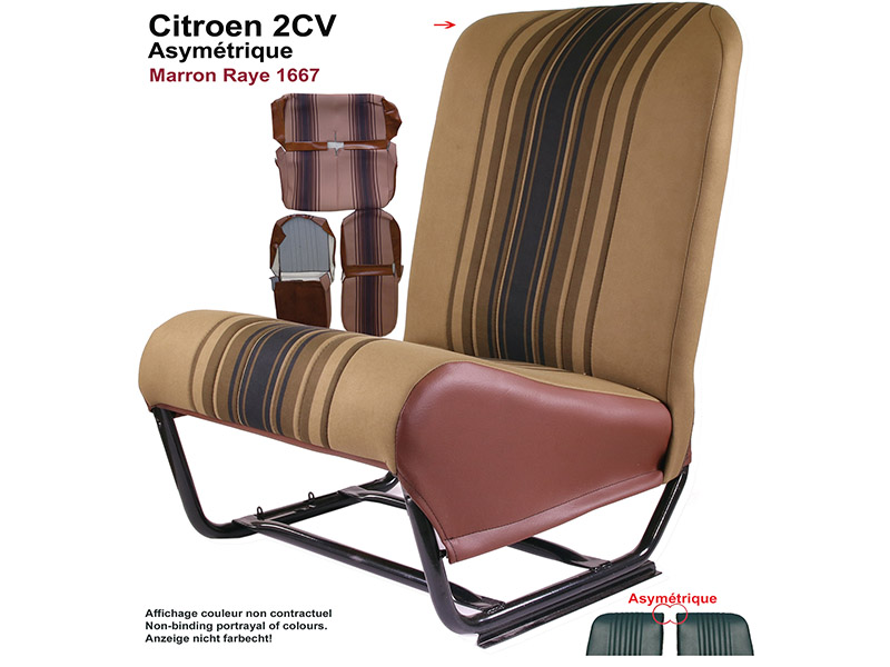Sitzbezug 2CV6 vorne + hinten. Asymetrische Rückenlehnen. Stoff (Marron Raye 1667) in den Farben beige - braun, dunkelrot gestreift